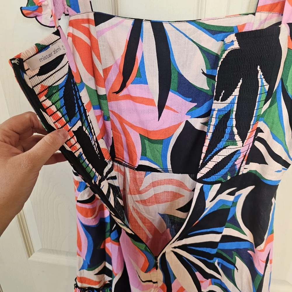 Mister Zimi Flutter Sleeve Zip-Up Mini Tropical Bold Print Ruffle Mini Dress - Picture 4 of 8